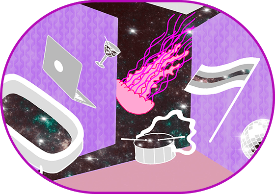 Illustration for the program 'Origins and Echoes'. Digital drawings against the photo of a Galaxy: lavender walls, sealing and floor are levitating along with different white+grey objects, symbolizing festival movies (bathtub, wig, loudspeaker, trans*flag, disco ball etc.). A pink jellyfish is leaving the walls` margins, heading to the open space.