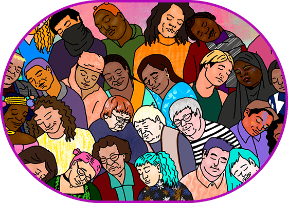 Illustration for the program 'Radical Love'. Digital colorful drawing. Different protagonists of the festival movies calmly lean their heads towards each other with their eyes closed.